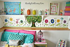 Install shelves around above and around the girl's bed for extra storage space.