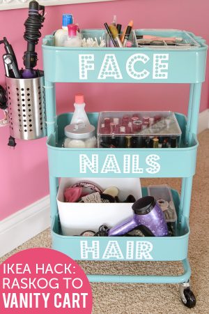 Turn an Ikea Raskog cart into a mobile vanity organizer for your girl's room.